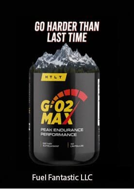 Supplement bottle with motivational text and mountains.