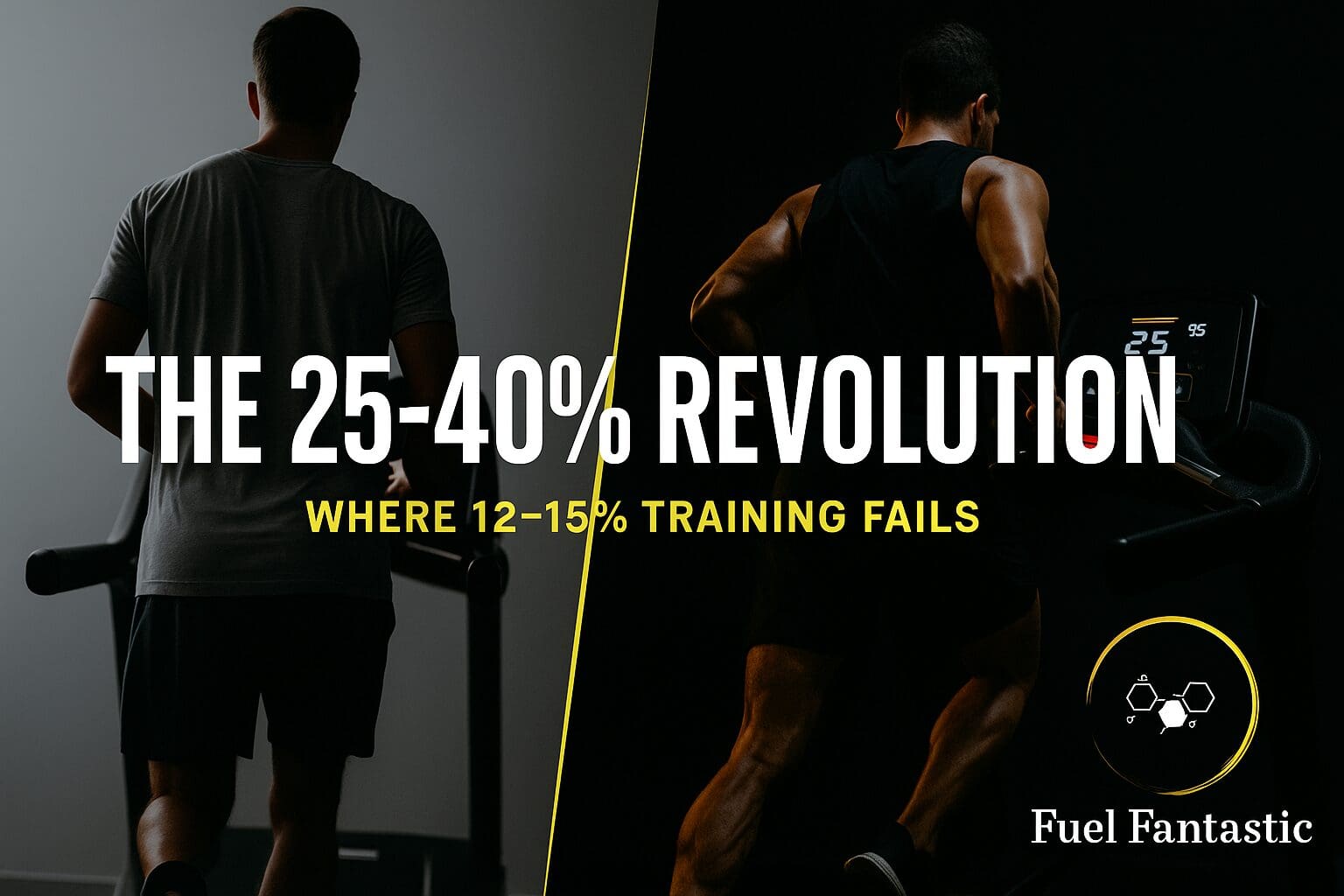 High-incline treadmill vs flat running split image with Fuel Fantastic logo showing the 25–40% incline training revolution