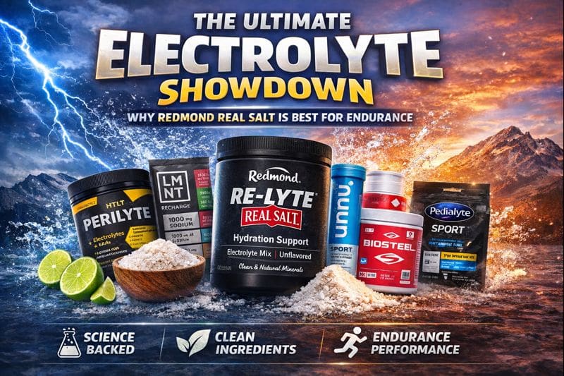 Electrolyte physiology comparison showing why Redmond Real Salt and Re-Lyte outperform sodium-only and sugar-based electrolyte brands for endurance hydration