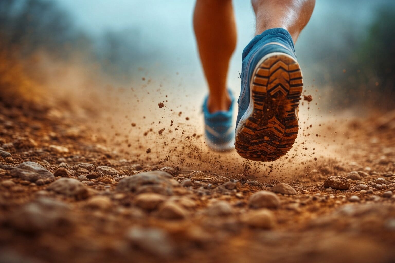Trail runner kicking up dirt on a rugged path during endurance training