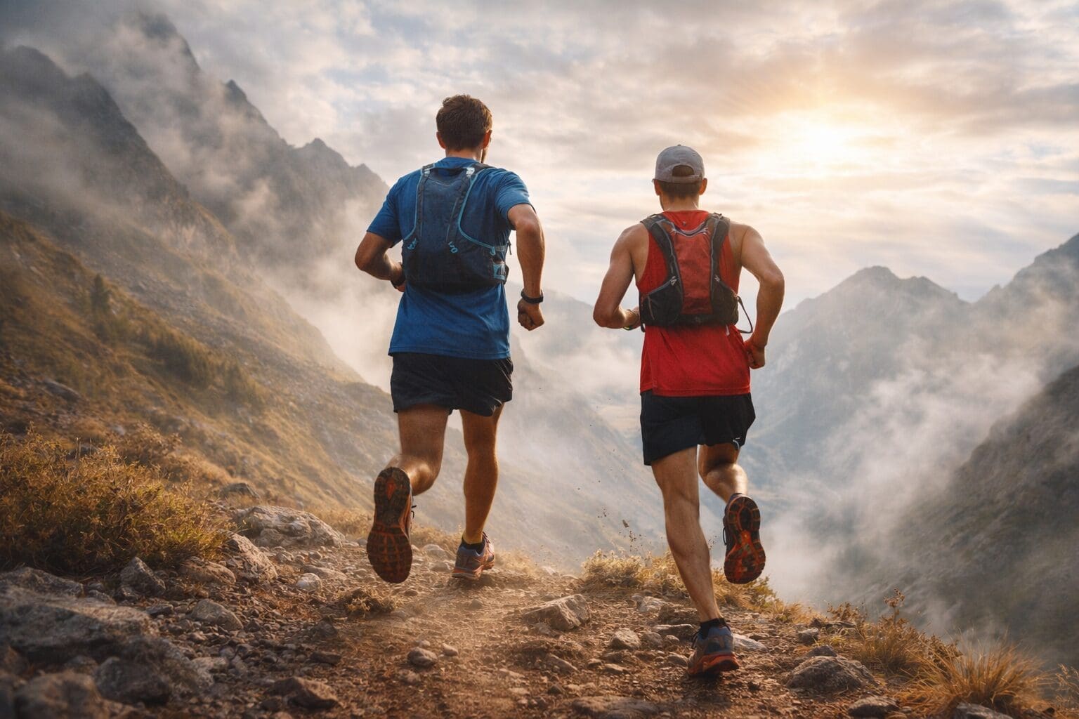 Two endurance athletes running a mountain trail at sunrise